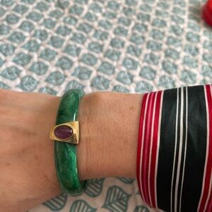 House of Harlow 1960 Green and Gold Bracelet and dark purple stone.